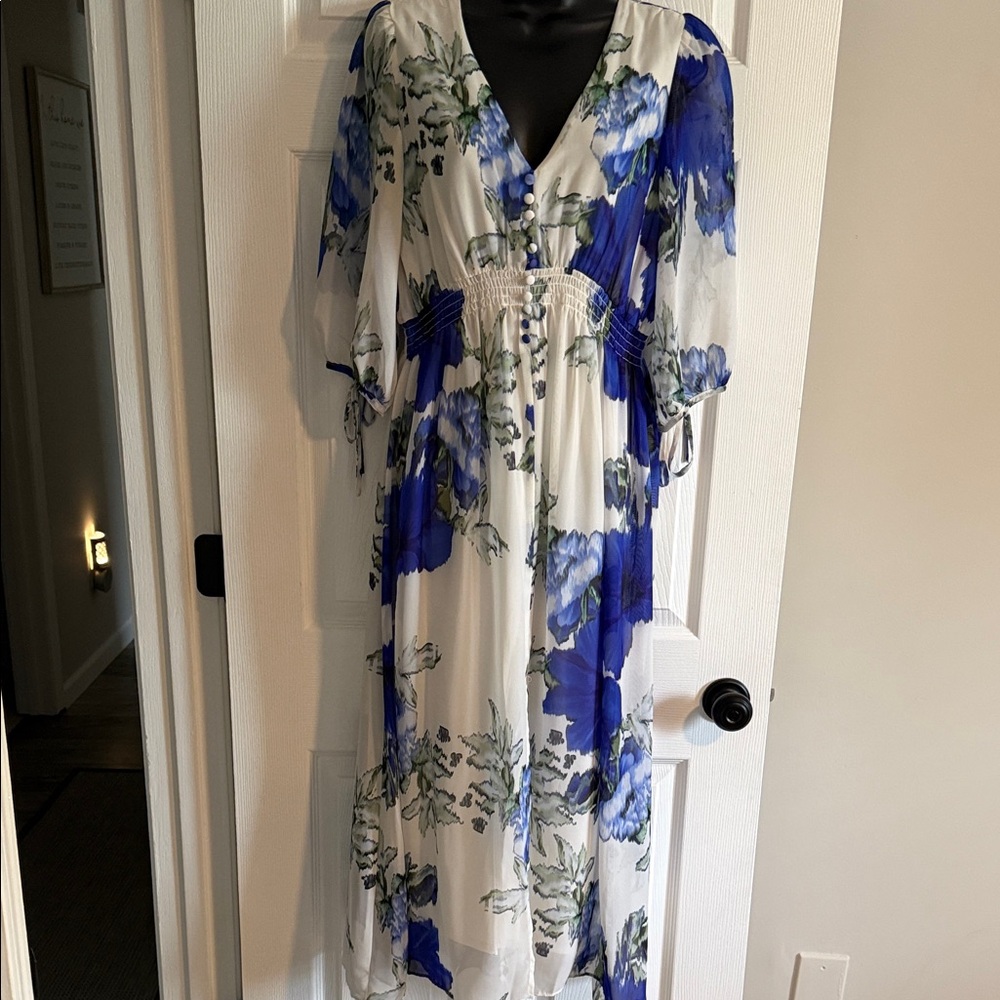 Taylor White Maxi Dress with Blue Floral Print